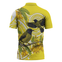 Bellbird New Zealand Zipper Polo Shirt Korimako Kowhai Maori Pattern LT14 - Polynesian Pride