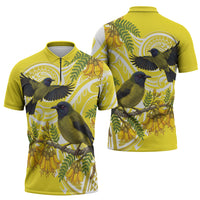 Bellbird New Zealand Zipper Polo Shirt Korimako Kowhai Maori Pattern LT14 - Polynesian Pride