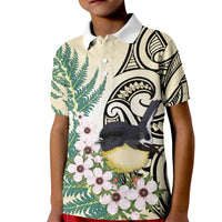 Endemic Tomtit New Zealand Kid Polo Shirt Miromiro Manuka Silver Fern Maori Pattern LT14 Kid Cream - Polynesian Pride