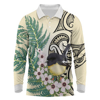 Endemic Tomtit New Zealand Long Sleeve Polo Shirt Miromiro Manuka Silver Fern Maori Pattern LT14 Cream - Polynesian Pride