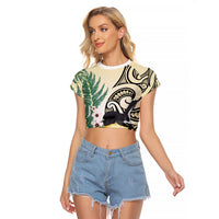 Endemic Tomtit New Zealand Raglan Cropped T Shirt Miromiro Manuka Silver Fern Maori Pattern LT14 Female Cream - Polynesian Pride