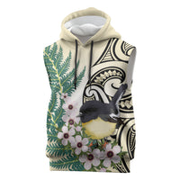Endemic Tomtit New Zealand Sleeveless Hoodie Miromiro Manuka Silver Fern Maori Pattern LT14 Cream - Polynesian Pride