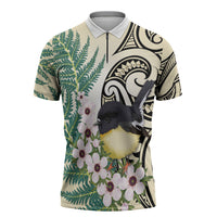 Endemic Tomtit New Zealand Zipper Polo Shirt Miromiro Manuka Silver Fern Maori Pattern LT14 Cream - Polynesian Pride