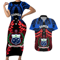 Samoa Couples Matching Short Sleeve Bodycon Dress and Hawaiian Shirt Heritage Festival Samoan Tattoo With Ula Fala Kava Bowl LT14 Blue - Polynesian Pride