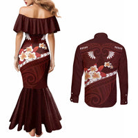 Oxblood Polynesia Couples Matching Mermaid Dress and Long Sleeve Button Shirt Tribal Pattern Tropical Frangipani