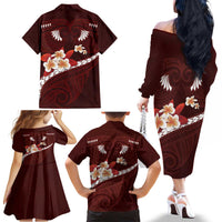 Oxblood Polynesia Family Matching Off The Shoulder Long Sleeve Dress and Hawaiian Shirt Tribal Pattern Tropical Frangipani