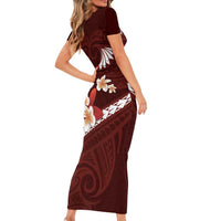 Oxblood Polynesia Short Sleeve Bodycon Dress Tribal Pattern Tropical Frangipani