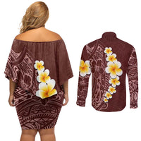 Oxblood Tropical Plumeria With Galaxy Polynesian Art Couples Matching Off Shoulder Short Dress and Long Sleeve Button Shirt