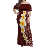 Oxblood Tropical Plumeria With Galaxy Polynesian Art Off Shoulder Maxi Dress