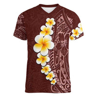 Oxblood Tropical Plumeria With Galaxy Polynesian Art Women V-Neck T-Shirt LT14 Female Oxblood - Polynesian Pride