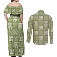 Vesuvian Green Palaka Quilt Hawaii Couples Matching Off Shoulder Maxi Dress and Long Sleeve Button Shirt Traditional Hawaii-plaid Pattern - Polynesian Pride