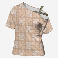 Beige Palaka Quilt Hawaii Cross Shoulder Shirt Traditional Hawaii-plaid Pattern LT14 Female Beige - Polynesian Pride