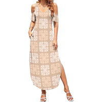 Beige Palaka Quilt Hawaii Family Matching Summer Maxi Dress and Hawaiian Shirt Traditional Hawaii-plaid Pattern - Polynesian Pride