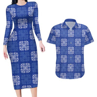 Royal Blue Palaka Quilt Hawaii Couples Matching Long Sleeve Bodycon Dress and Hawaiian Shirt Traditional Hawaii-plaid Pattern - Polynesian Pride