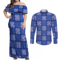 Royal Blue Palaka Quilt Hawaii Couples Matching Off Shoulder Maxi Dress and Long Sleeve Button Shirt Traditional Hawaii-plaid Pattern - Polynesian Pride