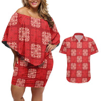Red Palaka Quilt Hawaii Couples Matching Off Shoulder Short Dress and Hawaiian Shirt Traditional Hawaii-plaid Pattern - Polynesian Pride
