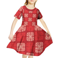 Red Palaka Quilt Hawaii Kid Short Sleeve Dress Traditional Hawaii-plaid Pattern - Polynesian Pride