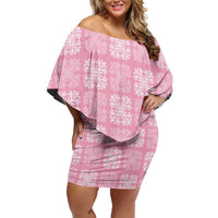 Pink Palaka Quilt Hawaii Off Shoulder Short Dress Traditional Hawaii-plaid Pattern - Polynesian Pride