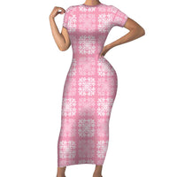 Pink Palaka Quilt Hawaii Short Sleeve Bodycon Dress Traditional Hawaii-plaid Pattern - Polynesian Pride