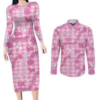 Alaka Aloha Hawaii Couples Matching Long Sleeve Bodycon Dress and Long Sleeve Button Shirt Plumeria Lei With Palaka Motif - Polynesian Pride