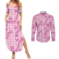 Alaka Aloha Hawaii Couples Matching Summer Maxi Dress and Long Sleeve Button Shirt Plumeria Lei With Palaka Motif - Polynesian Pride