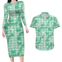 Omaomao Aloha Hawaii Couples Matching Long Sleeve Bodycon Dress and Hawaiian Shirt Plumeria Lei With Palaka Motif - Polynesian Pride