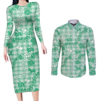 Omaomao Aloha Hawaii Couples Matching Long Sleeve Bodycon Dress and Long Sleeve Button Shirt Plumeria Lei With Palaka Motif - Polynesian Pride