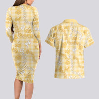 Melemele Aloha Hawaii Couples Matching Long Sleeve Bodycon Dress and Hawaiian Shirt Plumeria Lei With Palaka Motif - Polynesian Pride