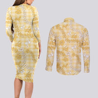 Melemele Aloha Hawaii Couples Matching Long Sleeve Bodycon Dress and Long Sleeve Button Shirt Plumeria Lei With Palaka Motif - Polynesian Pride