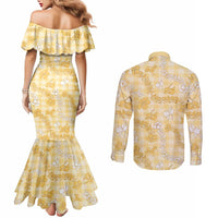 Melemele Aloha Hawaii Couples Matching Mermaid Dress and Long Sleeve Button Shirt Plumeria Lei With Palaka Motif - Polynesian Pride