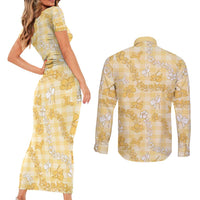 Melemele Aloha Hawaii Couples Matching Short Sleeve Bodycon Dress and Long Sleeve Button Shirt Plumeria Lei With Palaka Motif - Polynesian Pride