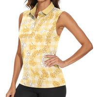 Melemele Aloha Hawaii Women Sleeveless Polo Shirt Plumeria Lei With Palaka Motif - Polynesian Pride