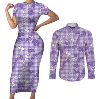Poni Aloha Hawaii Couples Matching Short Sleeve Bodycon Dress and Long Sleeve Button Shirt Plumeria Lei With Palaka Motif - Polynesian Pride