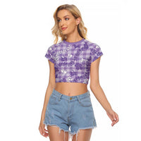 Poni Aloha Hawaii Raglan Cropped T Shirt Plumeria Lei With Palaka Motif LT14 Female Purple - Polynesian Pride