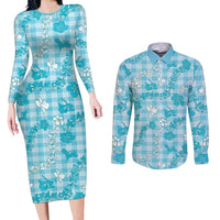 Polu Aloha Hawaii Couples Matching Long Sleeve Bodycon Dress and Long Sleeve Button Shirt Plumeria Lei With Palaka Motif - Polynesian Pride
