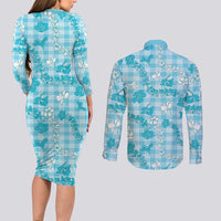 Polu Aloha Hawaii Couples Matching Long Sleeve Bodycon Dress and Long Sleeve Button Shirt Plumeria Lei With Palaka Motif - Polynesian Pride