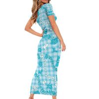 Polu Aloha Hawaii Short Sleeve Bodycon Dress Plumeria Lei With Palaka Motif - Polynesian Pride