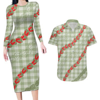 Omaomao Aloha Hawaii Couples Matching Long Sleeve Bodycon Dress and Hawaiian Shirt Rosebud Lei With Palaka Motif - Polynesian Pride