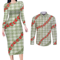 Omaomao Aloha Hawaii Couples Matching Long Sleeve Bodycon Dress and Long Sleeve Button Shirt Rosebud Lei With Palaka Motif - Polynesian Pride