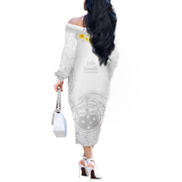 Samoa White Sunday Off The Shoulder Long Sleeve Dress Lotu Tamaiti 2023 With Coat Of Arms LT14 - Polynesian Pride