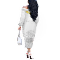 Personalised Samoa White Sunday Off The Shoulder Long Sleeve Dress Lotu Tamaiti 2023 With Coat Of Arms LT14 - Polynesian Pride