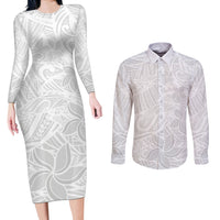 Polynesia White Sunday Couples Matching Long Sleeve Bodycon Dress and Long Sleeve Button Shirts Polynesian Pattern With Tropical Flowers LT14 White - Polynesian Pride