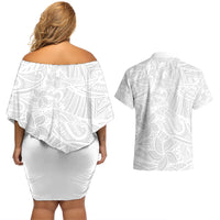 Polynesia White Sunday Couples Matching Off Shoulder Short Dress and Hawaiian Shirt Polynesian Pattern With Tropical Flowers LT14 - Polynesian Pride