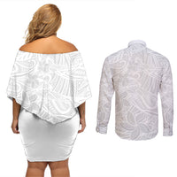 Polynesia White Sunday Couples Matching Off Shoulder Short Dress and Long Sleeve Button Shirts Polynesian Pattern With Tropical Flowers LT14 - Polynesian Pride