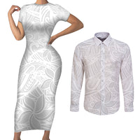 Polynesia White Sunday Couples Matching Short Sleeve Bodycon Dress and Long Sleeve Button Shirts Polynesian Pattern With Tropical Flowers LT14 White - Polynesian Pride
