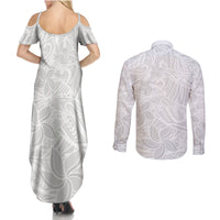 Polynesia White Sunday Couples Matching Summer Maxi Dress and Long Sleeve Button Shirts Polynesian Pattern With Tropical Flowers LT14 - Polynesian Pride