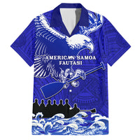 Personalised American Samoa Fautasi Race Family Matching Off Shoulder Maxi Dress and Hawaiian Shirt Eagle With Polynesian Pattern LT14 Dad's Shirt - Short Sleeve Blue - Polynesian Pride