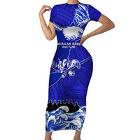 Personalised American Samoa Fautasi Race Short Sleeve Bodycon Dress Eagle With Polynesian Pattern LT14 Long Dress Blue - Polynesian Pride