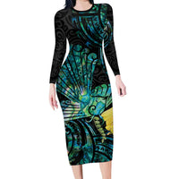 New Zealand Fantail Bird Family Matching Long Sleeve Bodycon Dress and Hawaiian Shirt Maori Piwakawaka Kowhai - Paua Shell Pattern LT14 Mom's Dress Green - Polynesian Pride