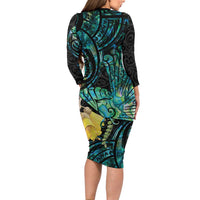 New Zealand Fantail Bird Family Matching Long Sleeve Bodycon Dress and Hawaiian Shirt Maori Piwakawaka Kowhai - Paua Shell Pattern LT14 - Polynesian Pride